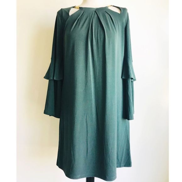 Michael Michael Kors Emerald Green Chain‎ Neck Bell Sleeve Shift Dress Small - Picture 1 of 8